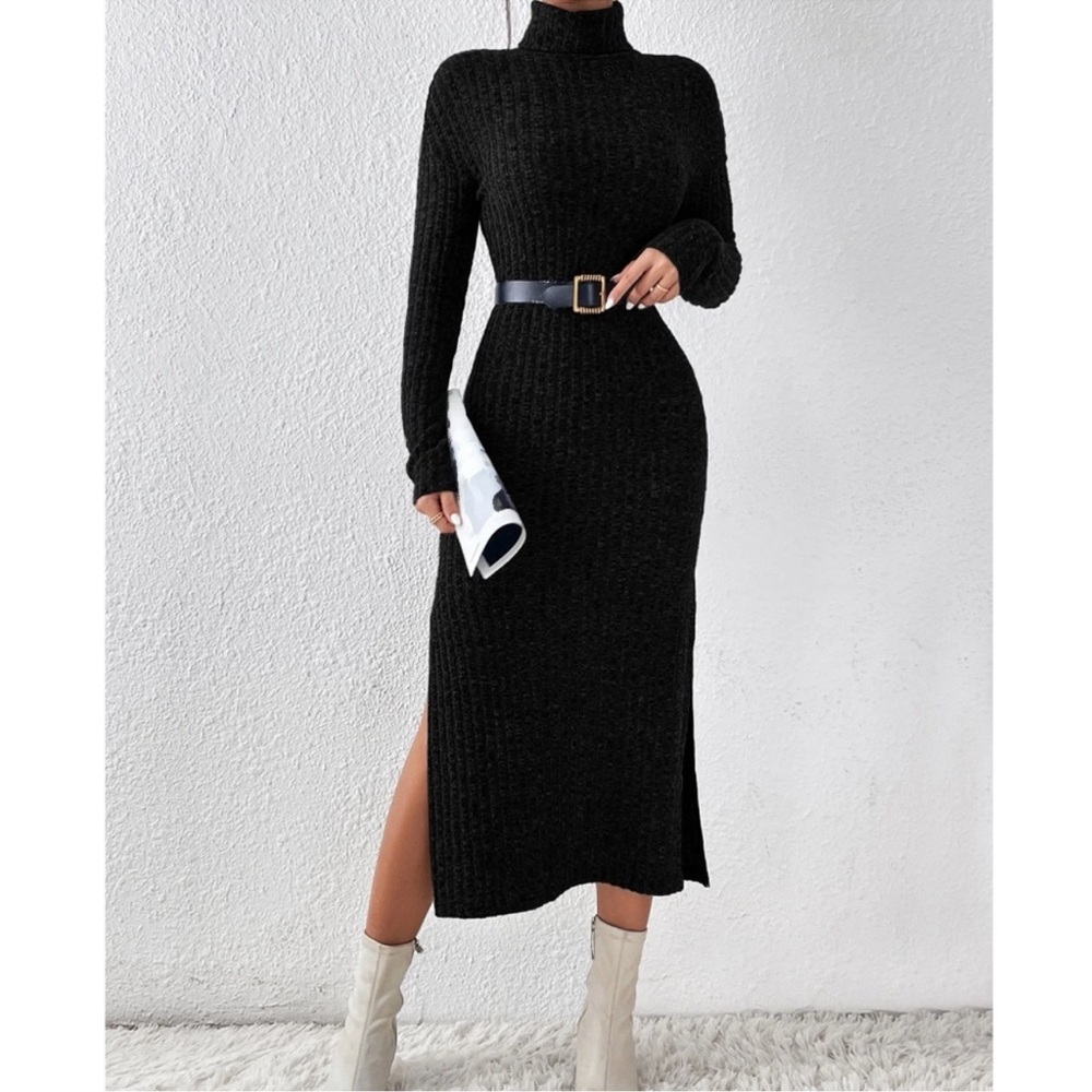 Classic Black Ribbed Turtleneck Split Hem Long Sleeve Sweater Dress XS S M L